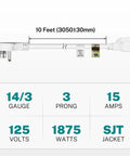 Heavy Duty 10 Foot Extension Cord 14 AWG 15 Amp 125 Volt White 1875 Watt Low Profile Cable for Tight Spaces