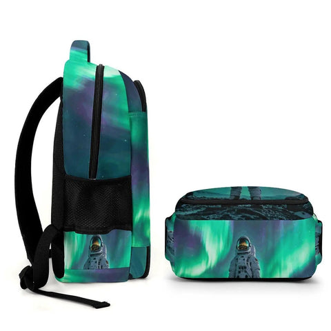 Side and front view of Dope Aurora Astronaut Print Unisex Backpack With Large Capacity For Everyday Carry Lightweight Polyester Daypack