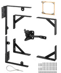 Heavy Duty Gate Brace Kit Anti Sag Gate Hardware Corner Brace For Wooden Fences Driveways Doors And Windows Black Built From Rust Resistant Powder Coated Steel With 90 Degree Triangular Design And Welded Hinges For Extra Strength kit components, including brackets, screws and latch.