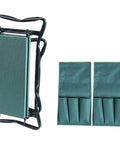 Garden Kneeler Seat With Handles And Tool Bags Folding Work Bench Multi Purpose Pad Chair For Gardening Converts To Comfortable Kneeling Stool Or Chair Includes Tool Bags Ideal Gift, shown folded with green tool bags