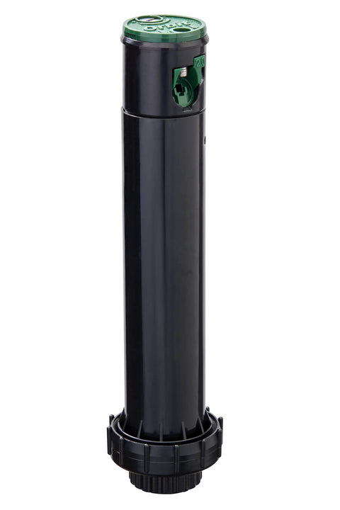 Gear Drive Rotor Shrub Sprinkler With Adjustable Arc Range And 25 Foot Reach, black pop-up design for effective lawn irrigation.