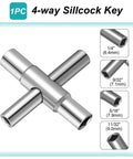 Eight Piece Multi Function Sillcock Key Set showing 4-way key with sizes 1/4, 9/32, 5/16, and 11/32 inches.
