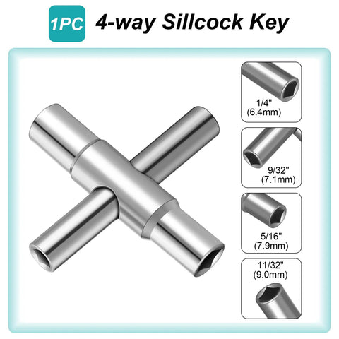 Eight Piece Multi Function Sillcock Key Set showing 4-way key with sizes 1/4, 9/32, 5/16, and 11/32 inches.