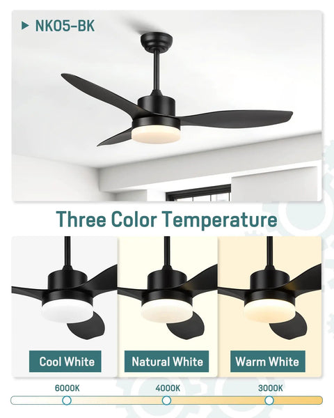Dope Modern 48 Inch Ceiling Fan With Lights And Remote Control In Matte Black showing three color temperatures.