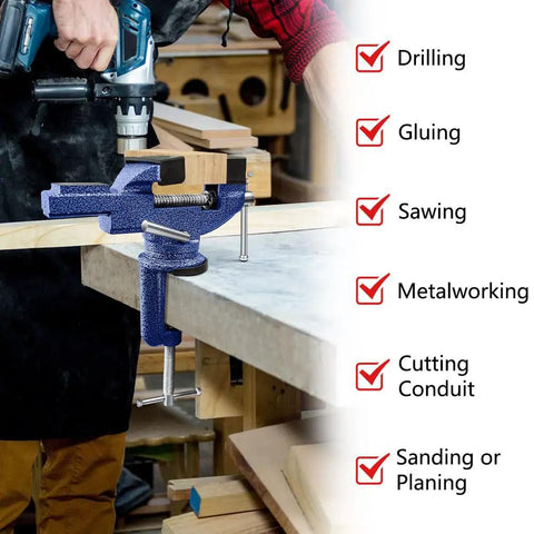 Heavy Duty Table Vise With 360 Degree Swivel Top And Built In Anvil, 3.1 Inch Jaw Opening in woodworking setup with drilling.