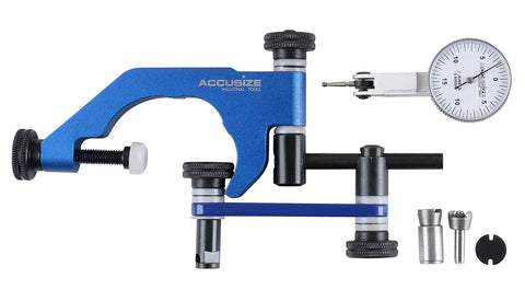 Accusize dial test indicator holder on blue metal frame with adjustable knobs and accessories