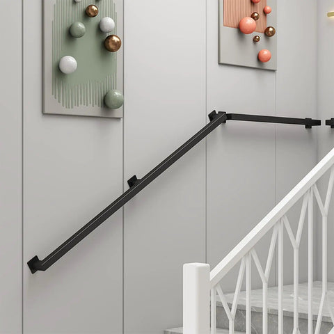 Heavy Hitter Black Wrought Iron Wall Mount Railing Bracket Kit Adjustable Support Post on staircase wall.