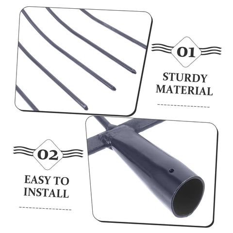 Close-up of sturdy tines and handle of Practical Manure Fork For Efficient Yard Cleanup And Lawn Care With Durable Iron Pitch Fork Design