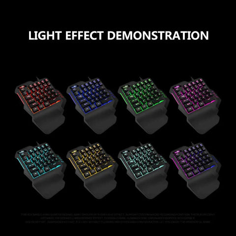 Light effect demonstration of Compact 35 Key Mechanical Gaming Keyboard With Ergonomic Wrist Rest And Snappy One Handed Keypad.