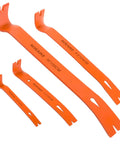 Four Piece Flat Pry Bar Set With 5.5 Inch 7.5 Inch 9.5 Inch And 15 Inch Nail Puller Claw Bars Heavy Duty Utility Pry Bars in orange