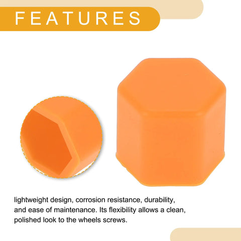 20 Pcs Wheel Lug Nut Caps And Dust Covers Silicone Orange 2.2x17x20mm Protective Screw Caps, front and side view
