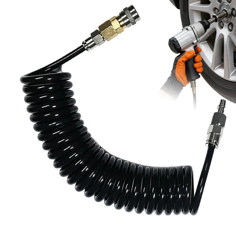 Badass HP Air Hose Adapter Quick Connect Cable 6mm Line Push Twist Fit No Tools Needed So You Build Stuff Faster Keep Air Compressor Link Tight Stress Free For All Your Daily Jobs Ready To Go Right Now For Sure, black coiled air hose with metal quick-connect fittings