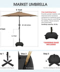 Diagram of 9ft patio umbrella with base included for outdoor deck and poolside relaxation showing dimensions and setup steps.