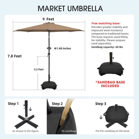 Diagram of 9ft patio umbrella with base included for outdoor deck and poolside relaxation showing dimensions and setup steps.