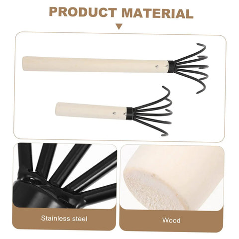 2 Pack Clam Rake With Handle For Beachside Digging Portable Seafood Tool shown with wood handle and stainless steel claws