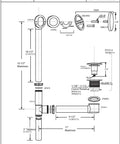 Specification sheet for Brass Bath Waste And Overflow Assembly With Tip Toe Drain Plug And Illusionary Faceplate Matte Black 22 Inch 17 Gauge Tubing ADA Compliant Built To Last Bath Drain Kit with dimensions and components detailed.