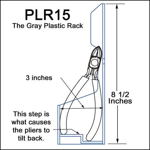 Technical drawing of 15 Pliers Rack Organizer For Pegboard And Toolbox, Durable ABS Plastic Holder With Tilt Back Design, dimensions shown