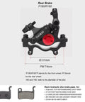 Rear view of HB-100 Line Pulling Hydraulic Disc Brake Caliper for MTB and Road Bikes, showing black caliper with red detail.