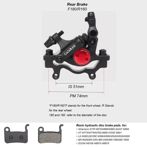 Rear view of HB-100 Line Pulling Hydraulic Disc Brake Caliper for MTB and Road Bikes, showing black caliper with red detail.