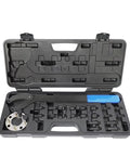 Camshaft pulley holder tool set in a black carrying case; blue-handled wrench and circular flange with assorted adapters