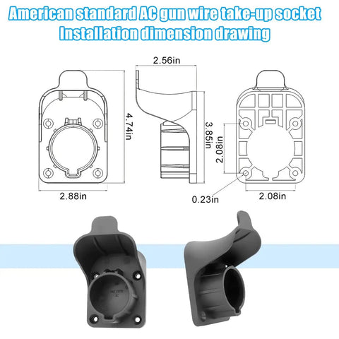 Technical drawing and side view of EV Charger Holder And Cable Hanger For SAE J1772 Electric Vehicles, Durable PA6 material