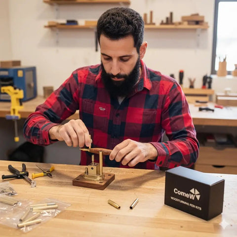 Man assembling 10 Pack Silver Twist Slimline Woodturning Pen Kit Set With Black Ink in workshop with tools and materials.