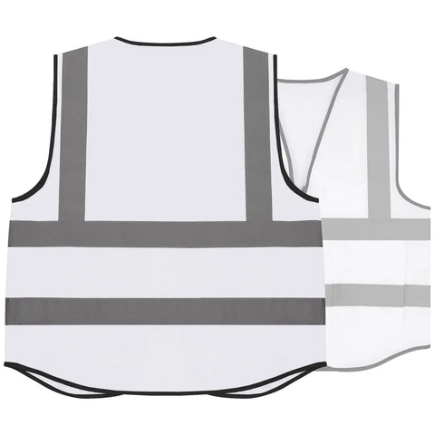 White High Visibility Safety Vest With Five Handy Pockets And Hella Bright Two Inch Reflective Strips Ultra Light Breathable Build Designed For Crew Leaders And Daily Site Rounds Large, back view showing reflective strips.