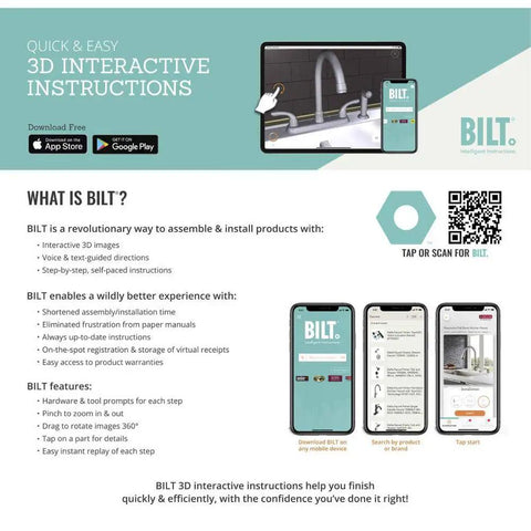 BILT app on smartphone displaying 3D instructions for assembling Refurbished 2-Handle Deck Mount Roman Tub Faucet in polished chrome.