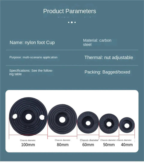 Rock Solid Heavy Duty Furniture Leveling Feet Four Pack Adjustable Articulating Threaded Cabinet Support Glides To Nuke Wobbles And Keep Your Tables Rockin Steady On Bumpy Floors with nylon foot cups of varying sizes.