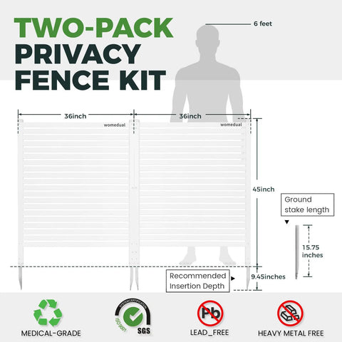 Diagram showing two-pack privacy fence kit dimensions 36 by 45 inches; suitable for AC units, trash cans, pool equipment.