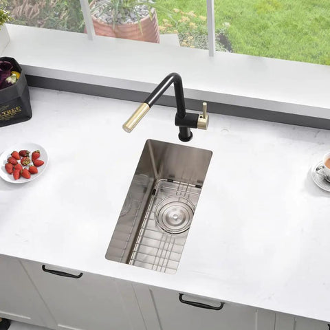 10 Inch Undermount Bar Sink Built From 16 Gauge Stainless Steel, Single Bowl Bar Prep Sink showcased in a modern countertop