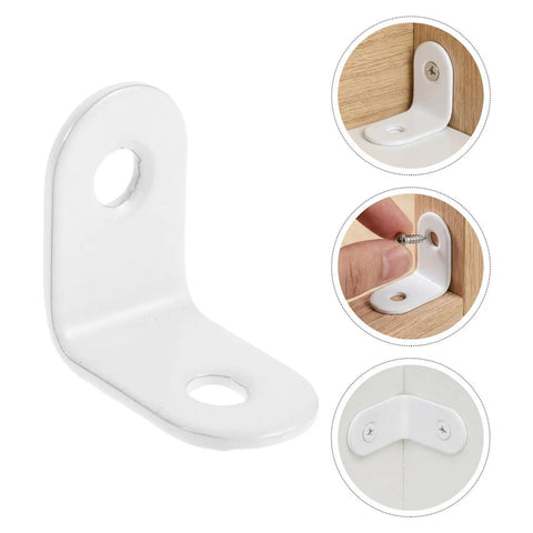 24 Pack Stainless Steel Right Angle Brackets with Screws White Corner Braces for Wood Furniture Reinforcement in use and detail views