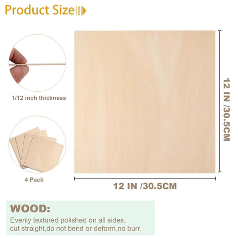 4-pack basswood sheets, 12x12 inches, 1/12 inch thick, unfinished wood boards for laser cutting and crafts, Amazon