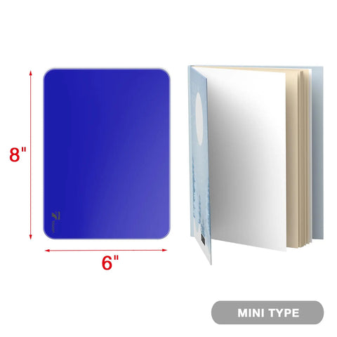 Front view of Navy Blue Glass Desktop Whiteboard Mini 8x6 Inch with Pen Holder, shown beside a reference book for size comparison.
