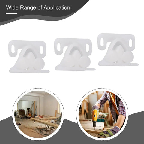 3 Pack Spring Loaded Door Latch Ball Roller Catch Set In White ABS Plastic For Cabinets, Cupboards, with workshop background