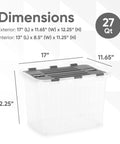 12 Pack Heavy Duty Clear Deep Storage Containers With Secure Hinged Lids 27.5 Quart Snap Close Bins dimensions with measurements.