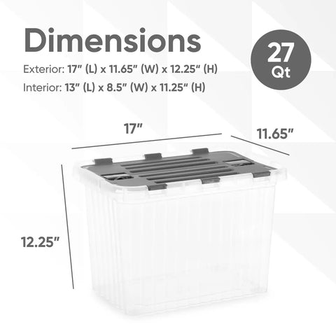 12 Pack Heavy Duty Clear Deep Storage Containers With Secure Hinged Lids 27.5 Quart Snap Close Bins dimensions with measurements.