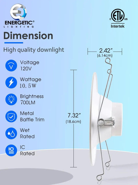 Side view of a 5-6 inch LED recessed downlight with baffle trim and dimensions, showing specifications and Energy Star ETL logos.