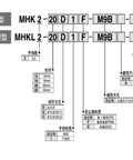 Heavy Duty Pneumatic Finger Cylinder Gripper Actuator MHK2 25D technical diagram showing specifications and options.