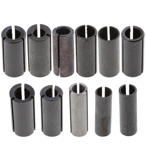 Heavy Duty Collet Chuck Adapter Kit With 5 Router Bit Milling Cutter Drivers and Heat Treated Carbide Inserts close-up of black collet chucks