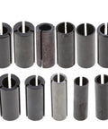 Heavy Duty Carbide Collet Chuck Adapter Kit with 5 Piece Router Bit Milling Cutter Driver Socket Set, showing various sized collet adapters.