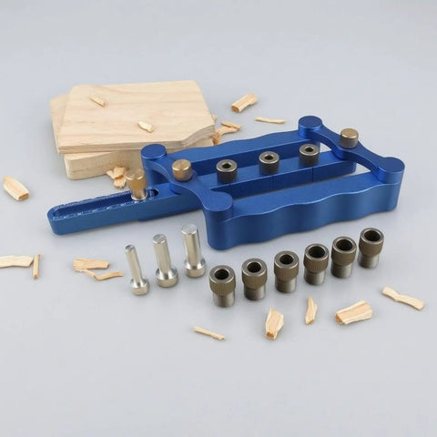 Rock Solid Shop Jig Bullseye Hole Alignment Tool Repeatable Positioning Scale with beefy adjustment knobs and drill sleeves.