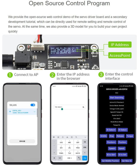 Open source control program for 30Kg High Torque Serial Bus Servo Motor With 360 Programmable Magnetic Encoder, showing setup steps on phones.