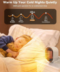 Go To Portable Corded PTC Ceramic Space Heater for indoor use emitting warm air, child sleeping with teddy bear, energy saving 1200W