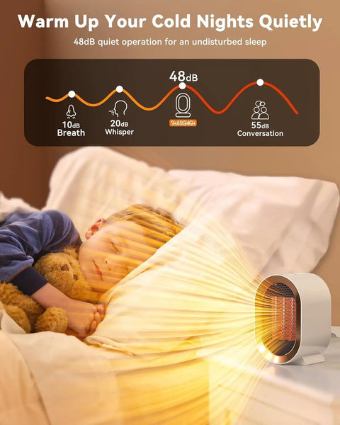 Go To Portable Corded PTC Ceramic Space Heater for indoor use emitting warm air, child sleeping with teddy bear, energy saving 1200W