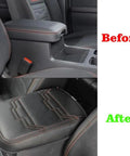Before and after view of Nissan Frontier Center Console Armrest Cover 2022-2026 with vegan leather and orange trim installed.