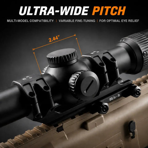 Side view of Rugged 30mm Picatinny Cantilever Scope Mount on rifle showcasing ultra-wide pitch and CNC machined 6061 T6 aluminum