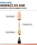 Premium 28 Piece.030 Inch Mig Welding Gun Consumables Kit Fully Compatible With Miller Millermatic Macho Welders Hobart H9 H10 Torch parts diagram showing gas nozzle, contact tip, gas diffuser.