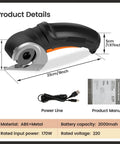 Heavy Duty Cordless Electric Scissors With Rechargeable Power Shears for cutting cardboard, cloth, leather, and carpet, showing dimensions and power details.