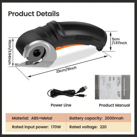 Heavy Duty Cordless Electric Scissors With Rechargeable Power Shears for cutting cardboard, cloth, leather, and carpet, showing dimensions and power details.